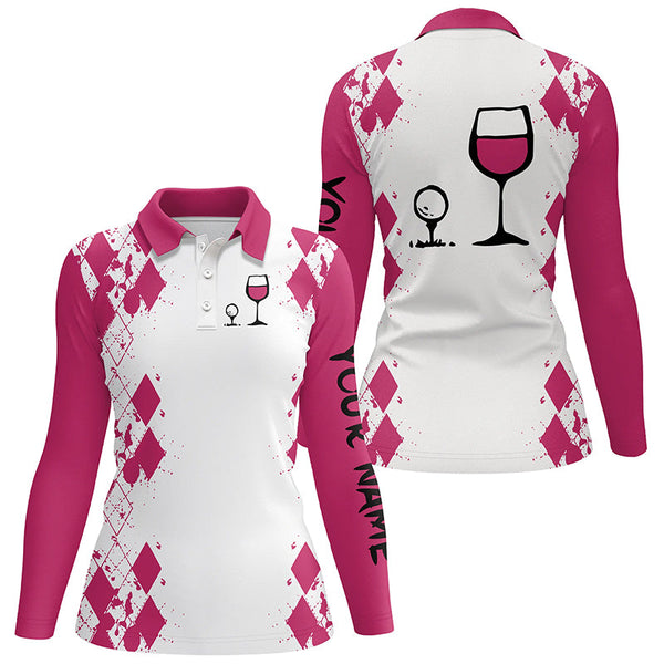 White Pink argyle pattern womens golf shirt Golf & wine custom name womens golf polo shirt NQS3924