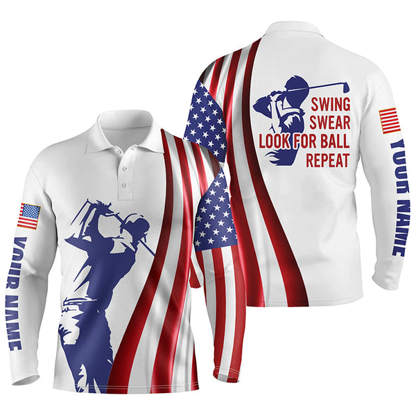 Mens golf polo shirt custom name American flag patriotic golf shirt swing swear look for ball repeat NQS5272