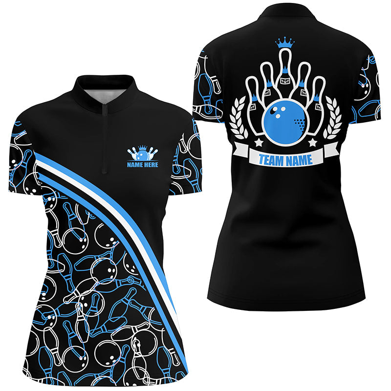 Personalized bowling Quarter Zip shirts for women Custom name black blue bowling pattern team shirts NQS5277