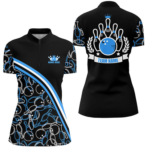 Personalized bowling Quarter Zip shirts for women Custom name black blue bowling pattern team shirts NQS5277