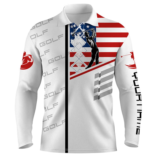 Mens golf polo shirt American flag patriotic golf shirts custom name golf gifts for men | White  NQS3945