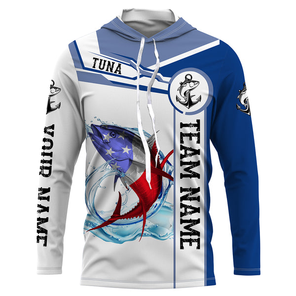 Tuna Fishing crew American Flag Customize name and team name performance Long Sleeve Fishing Shirts, Patriotic Fishing gifts NQS2383