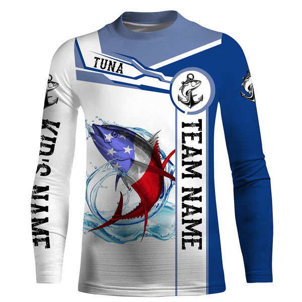 Tuna Fishing crew American Flag Customize name and team name performance Long Sleeve Fishing Shirts, Patriotic Fishing gifts NQS2383