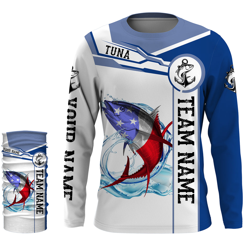 American Flag Tuna Long Sleeve Fishing Shirts, Custom Patriotic