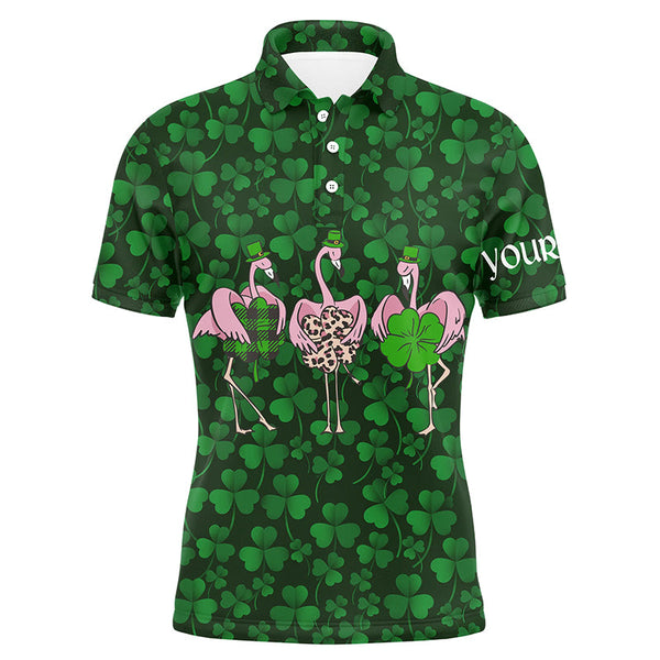 Funny Mens golf polo shirt green clover St Patrick day background custom name Flamingo golf friends NQS4742