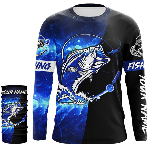 Bass Fishing tattoo blue galaxy black Custom name performance UV protection long sleeve fishing shirts NQS5293