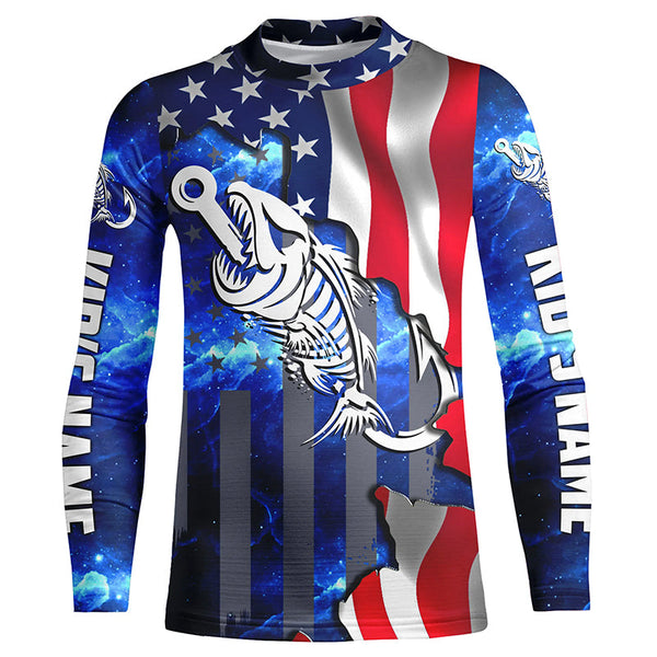 American flag fishing Fish hook skull reaper blue Custom Name sun protection fishing shirts NQS3492