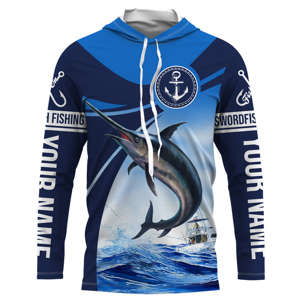 Swordfish fishing blue sea underwater ocean Custom Name performance long sleeve fishing shirt NQS3778