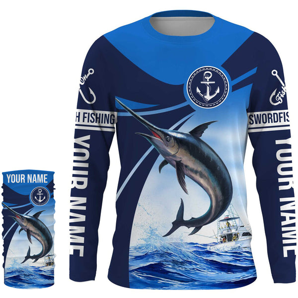 Swordfish fishing blue sea underwater ocean Custom Name performance long sleeve fishing shirt NQS3778