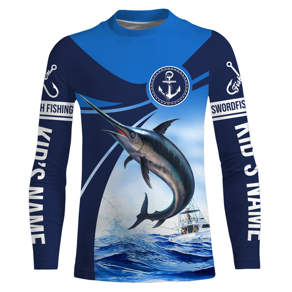 Swordfish fishing blue sea underwater ocean Custom Name performance long sleeve fishing shirt NQS3778