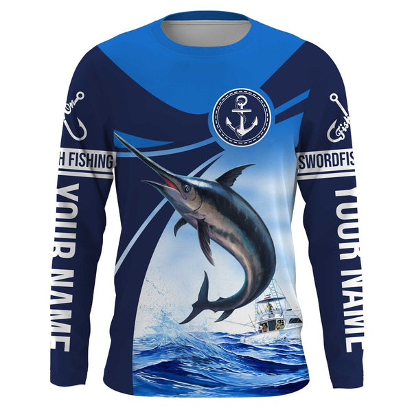 Swordfish fishing blue sea underwater ocean Custom Name performance long sleeve fishing shirt NQS3778