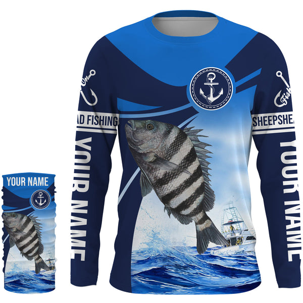 Sheepshead fishing blue sea underwater ocean Custom Name performance long sleeve fishing shirt NQS3783