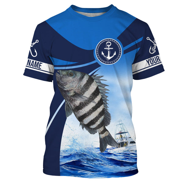 Sheepshead fishing blue sea underwater ocean Custom Name performance long sleeve fishing shirt NQS3783