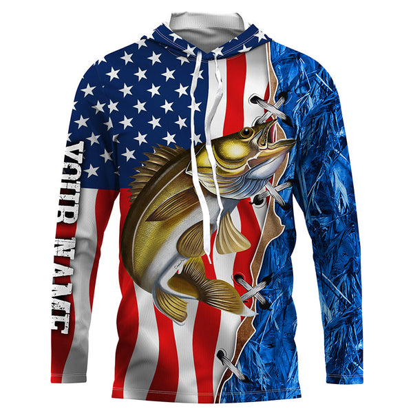 Walleye fishing blue camo American flag Custom Name UV sun protection long sleeve fishing shirts NQS3954