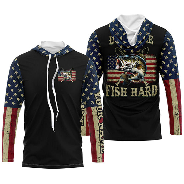 Live Free and Fish Hard American Flag Bass fishing Custom Name 3D All over printed Fishing gift NQS2521