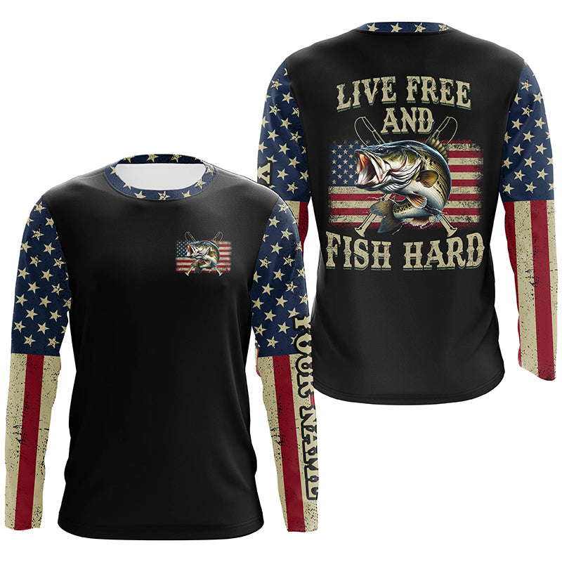 Live Free and Fish Hard American Flag Bass fishing Custom Name 3D All over printed Fishing gift NQS2521