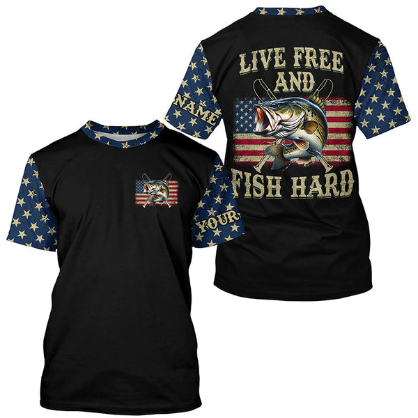 Live Free and Fish Hard American Flag Bass fishing Custom Name 3D
