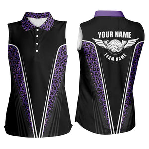 Black Womens sleeveless polo shirt custom name purple leopard team ladies golf tops NQS5797