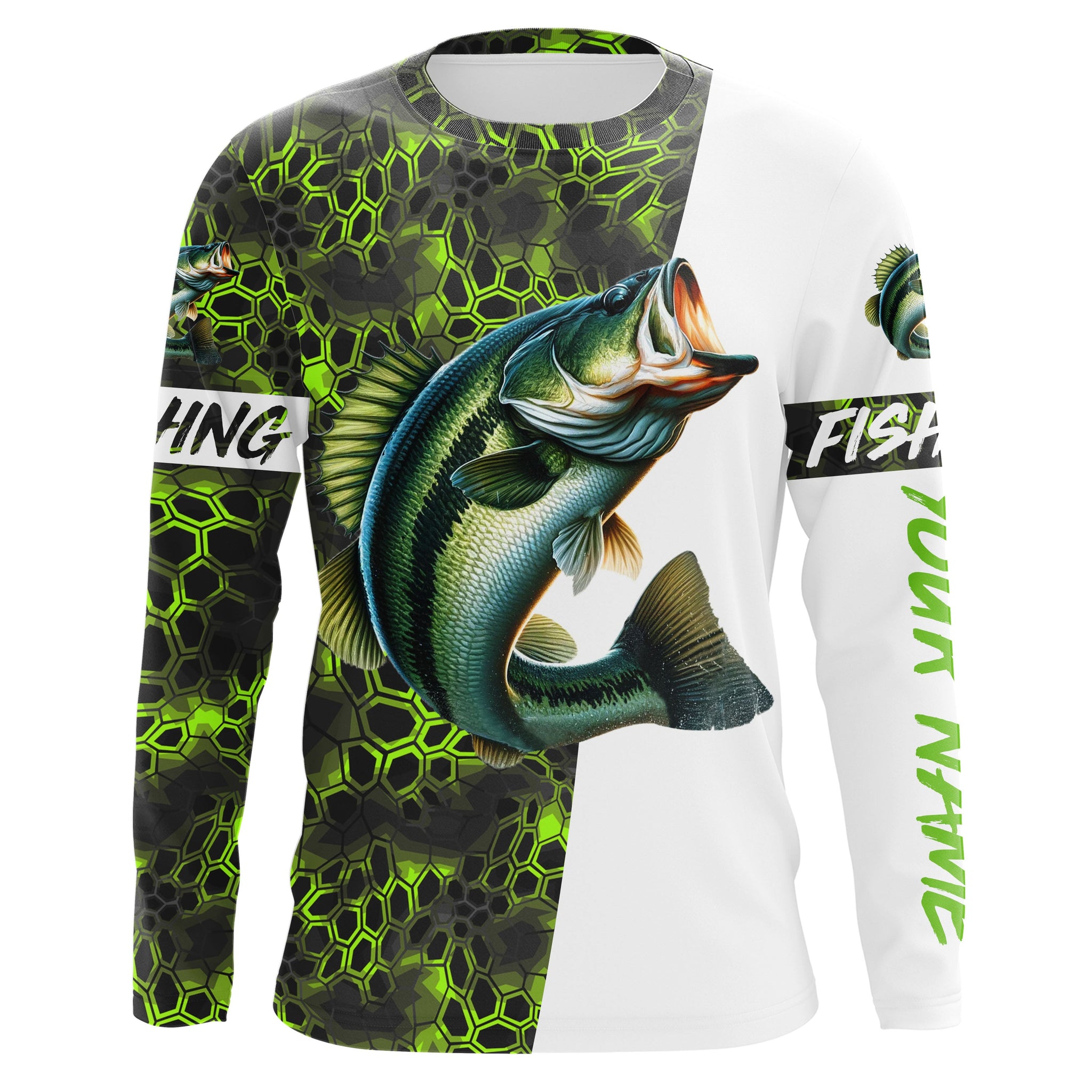 Largemouth Bass fishing clothes green camo Custom fishing Shirts, Bass fishing shirts with hood NQS3083