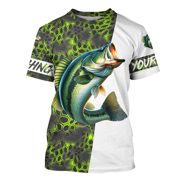 Largemouth Bass fishing clothes green camo Custom fishing Shirts, Bass fishing shirts with hood NQS3083