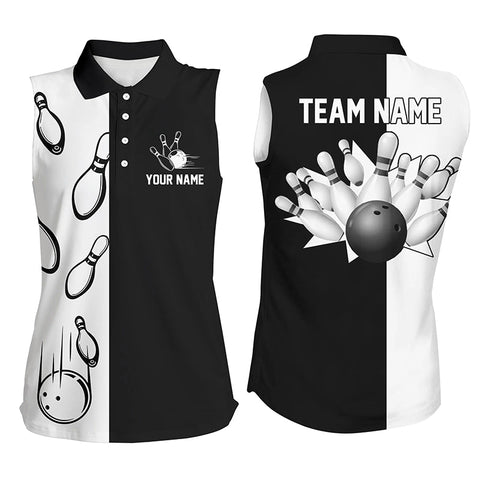 Black and white retro vintage Bowling sleeveless polo shirts for women custom Bowling team jerseys NQS5012