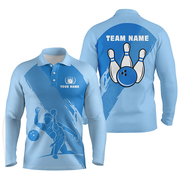 Personalized 3D bowling polo shirts for men, Custom blue team bowling jerseys for men NQS5300