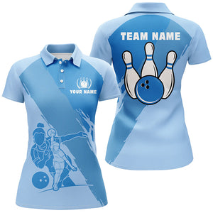 Personalized 3D bowling shirts for women, Custom blue Short Sleeve Polo Bowling Shirts for Girls NQS5300