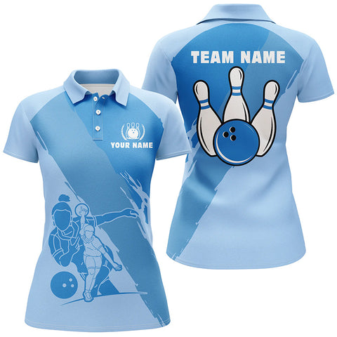 Personalized 3D bowling shirts for women, Custom blue Short Sleeve Polo Bowling Shirts for Girls NQS5300