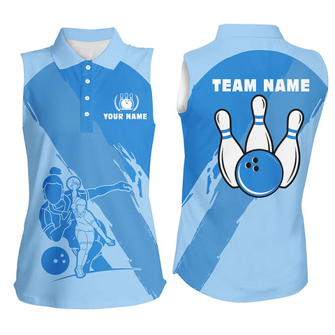 Personalized 3D bowling shirts for women, Custom blue Sleeveless polo Bowling Shirt for Girls NQS5300