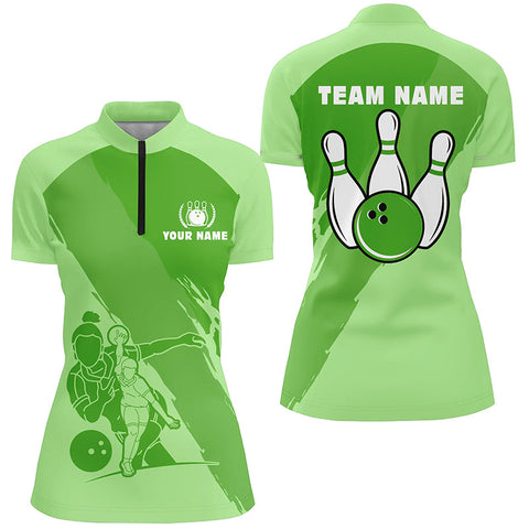 Personalized 3D bowling shirts for women Custom green Short Sleeve Quarter Zip Bowling Shirt for Girls NQS5301