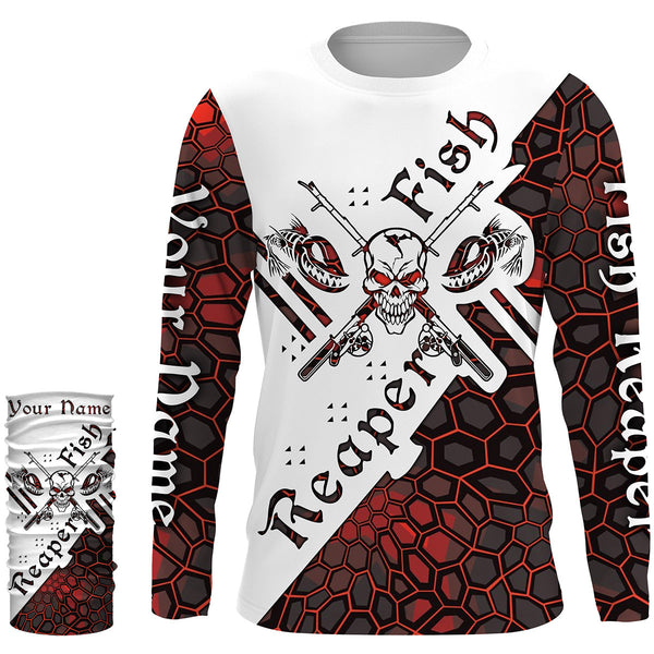 Fish reaper skull Custom Long Sleeve Performance Fishing Shirts, Skull Fishing jerseys | red camo NQS3798