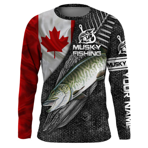 Canadian Flag Musky Fishing Custom long sleeve performance Fishing Shirts, Muskie Fishing jerseys NQS3805