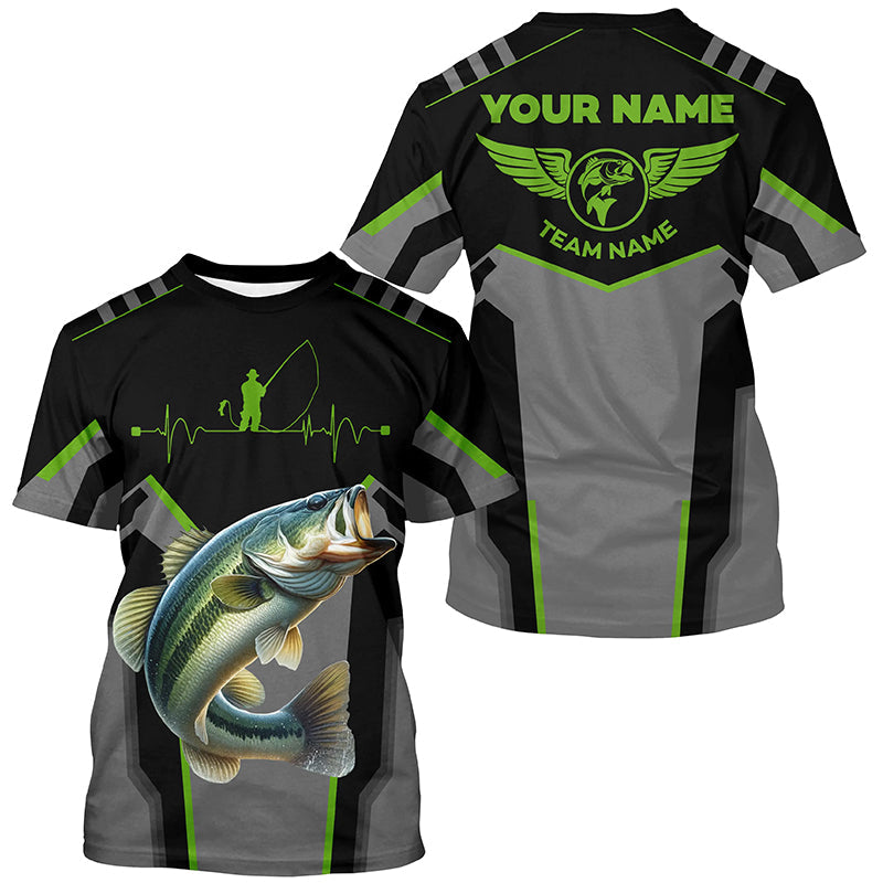 Personalized Black Bass Fishing Jerseys, Team Bass Fishing Long Sleeve Tournament Shirts | Green NQS6190 T-Shirt UPF / M