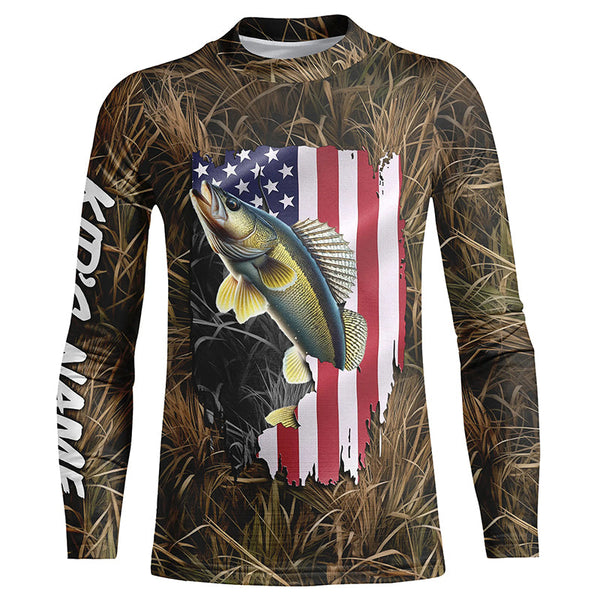 Custom American Walleye fishing camo shirts for men Performance Long Sleeve fishing shirt NQS1032