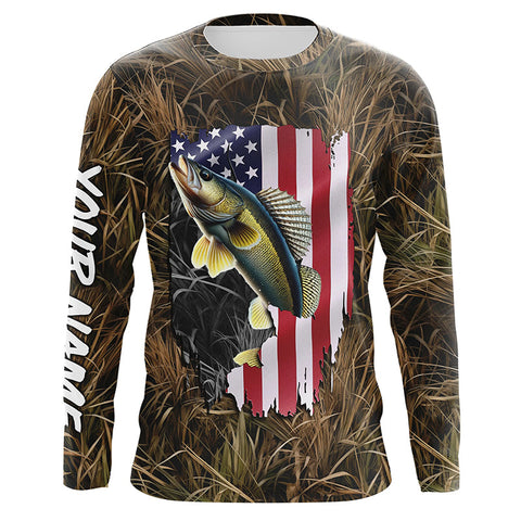 American Walleye Fishing Camo Shirts for Men Performance Long Sleeve Customize Name UPF 30+ NQS1032, Long Sleeves Hooded UPF / XL