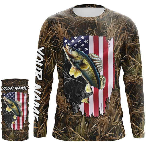 Custom American Walleye fishing camo shirts for men Performance Long Sleeve fishing shirt NQS1032