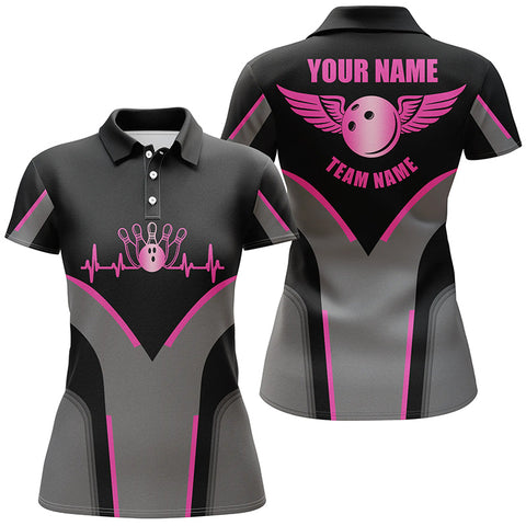 Personalized 3D bowling shirts for women, Custom pink Short Sleeve Polo Bowling heartbeat Shirts NQS4686