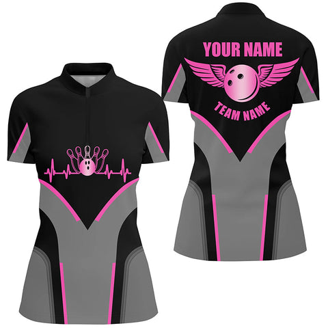 Personalized 3D bowling shirts for women, Custom pink Quarter Zip Bowling heartbeat Shirts NQS4686