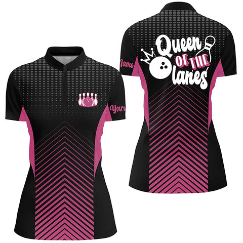 Custom women bowling Quarter Zip shirts Queen of the lanes, bowling team shirt for women | Pink NQS4687