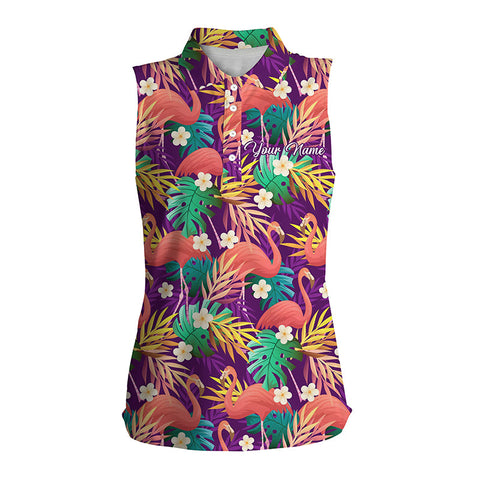 Women's sleeveless golf polo shirt colorful flamingo pattern tropical leaves custom team golf polo NQS4775