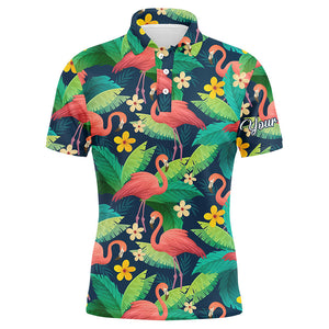 Men golf polo shirts colorful flamingo pattern green tropical leaves custom name team golf polo shirts NQS4776