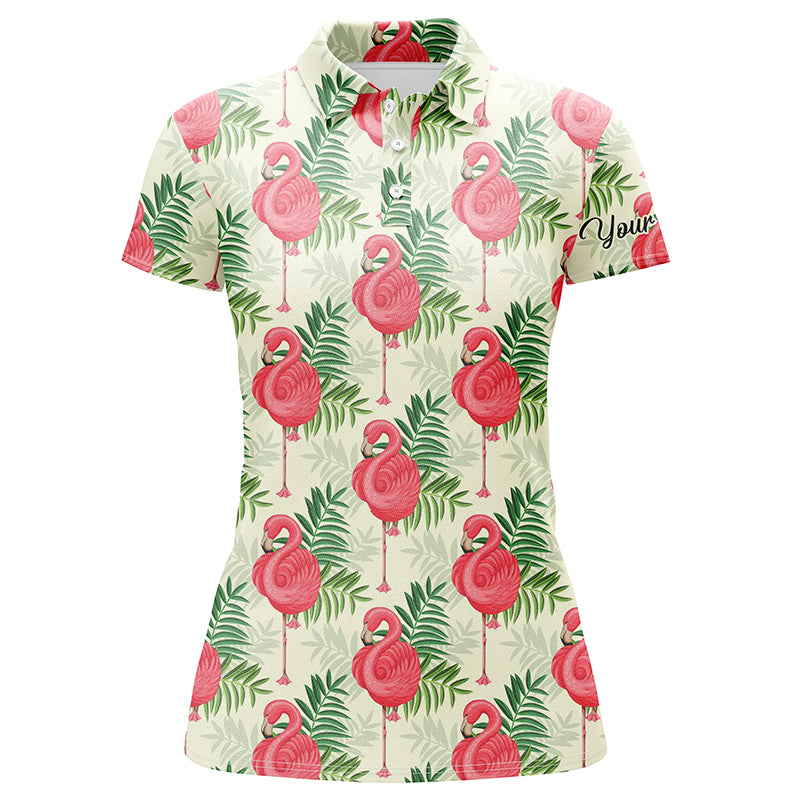 Women golf polo shirts pink flamingo green tropical leaf pattern custom name team golf polo shirts NQS4779