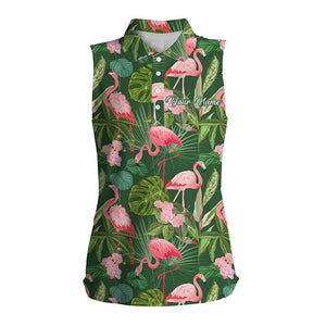 Women sleeveless polo shirts flamingo green tropical palm leaves pattern custom team golf polo shirts NQS4780