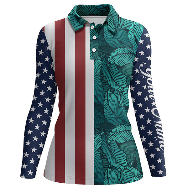 Womens golf polo shirts American flag patriotic custom tropical leaf pattern golf shirts for women NQS5310