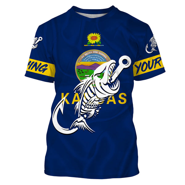 KS Fishing Custom Kansas Flag Fish hook skull Custom sun protection fishing shirts for men, women NQS3349