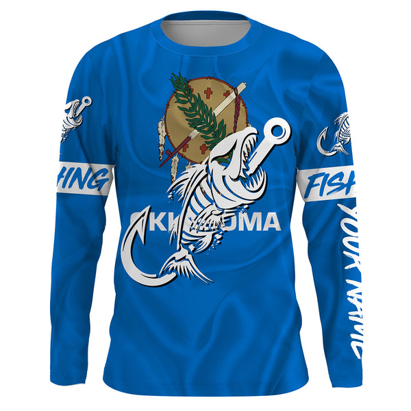 OK Fishing Custom Oklahoma Flag Fish hook skull Custom sun protection fishing shirts for men, women NQS3352