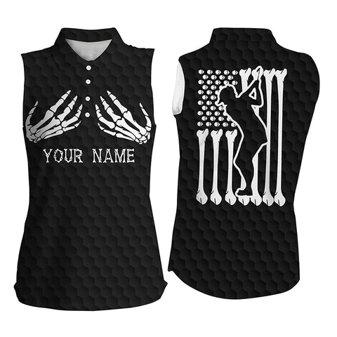 Funny Halloween Womens sleeveless polo shirt Skeleton American flag custom name black white golf shirt NQS3970