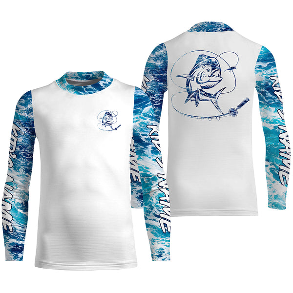 Mahi mahi Dorado Saltwater Fishing blue Custom Saltwater Long sleeve Fishing Shirts UV Protection, Sea wave camo Fishing Shirts NQS2406