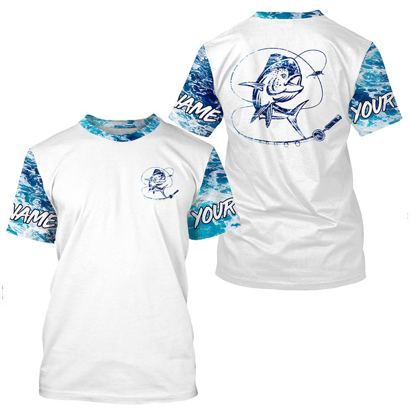 Mahi mahi Dorado Saltwater Fishing blue Custom Saltwater Long sleeve Fishing Shirts UV Protection, Sea wave camo Fishing Shirts NQS2406