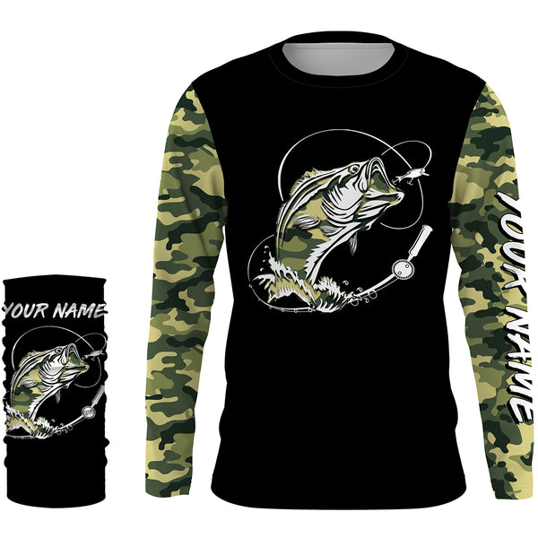 Bass Fishing tattoo green camo Custom Long Sleeve performance Fishing Shirts, personalized Bass Fishing jerseys NQS2408